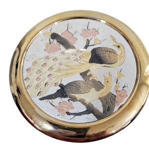 Vintage Chokin Art Peacock Engraved and Gilded in Gold Trinket Dish From Japan